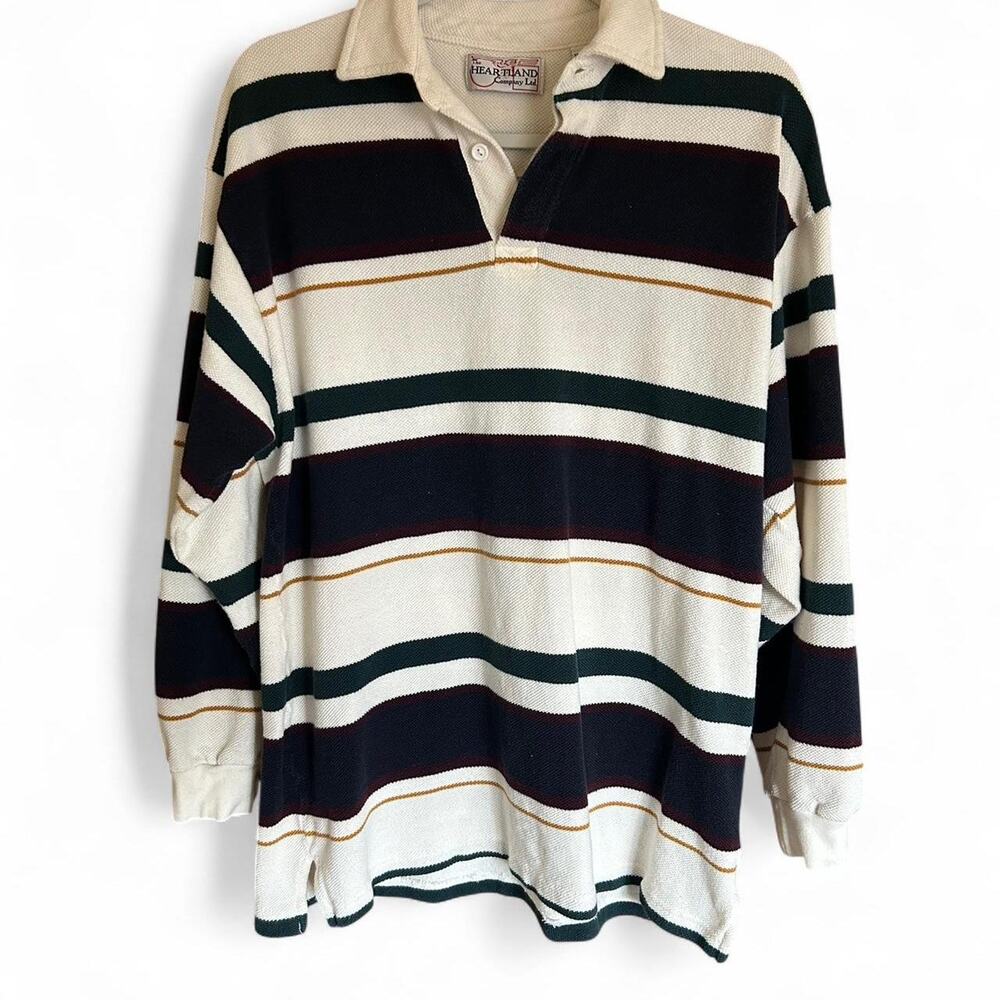 Vintage Rugby Long Sleeve Striped Polo Blue Navy White Size Medium Cotton Preppy